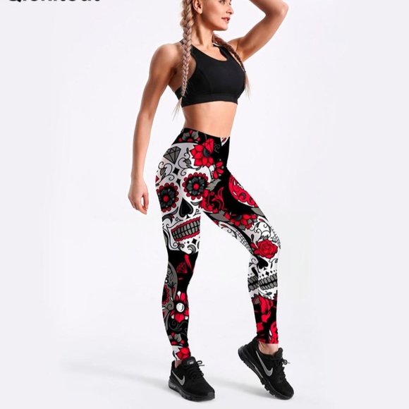 Skull & Flower Black Digital Print Leggings - Picture 3 of 4